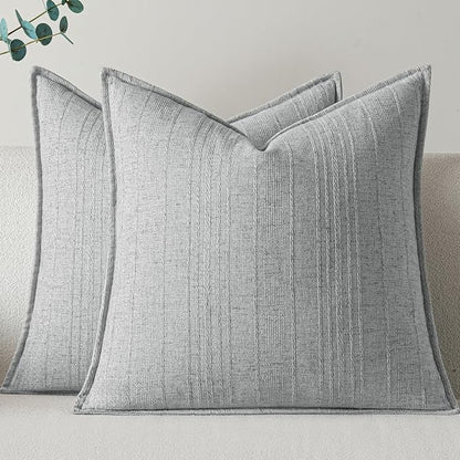 a moment Linen Pillow Covers Set of 2,Boho Farmhouse Throw Pillowcases Neutral Textured Decorative Covers for Couch Sofa,Soft Linen Blend Accent Case Cushion Living Room Home Decor 20"x20"Sky Gray