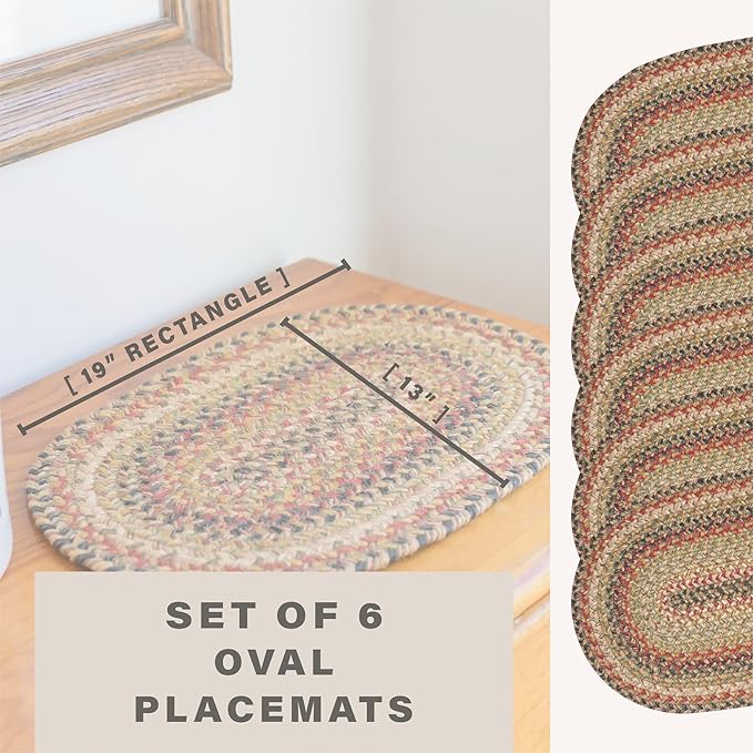Homespice Kingston Jute Braided Oval Placemats, Warm Country Decor, Set of 6, 13x19 Multicolor Table Mats - Vibrant Colors, Durable, Easy to Clean and Protects Furniture