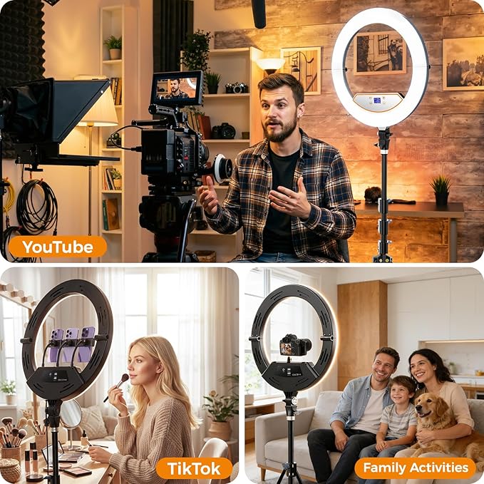 18" Large Ring Light with 60" Tripod Stand for iPhone, Portable Foldable Bi-Color 2500-6500K LED Big Ringlight for iPad with Bluetooth Remote Video Recording YouTube TikTok Photography Makeup