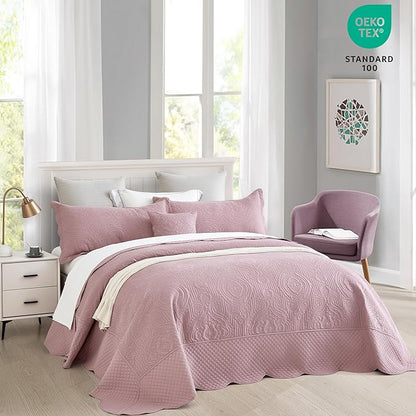 HZ & HY Oversized King Bedspread 128x120 Extra Wide, Ultrasonic Coverlet Bedding Set, Lightweight Thin Comforter, Reversible, 5 Piece, 100% Microfiber, Mauve Shadows