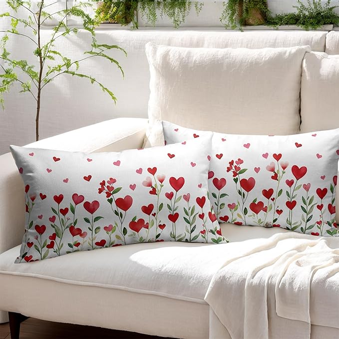 Valentines Day Pillow Covers 12x20 Set of 2 Green Red Heart Throw Pillow Covers Love Pillowcase Linen Decoration Farmhouse Holiday Cozy Soft Cushion Case Couch for Indoor Outdoor Home Decor