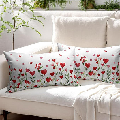 Valentines Day Pillow Covers 12x20 Set of 2 Green Red Heart Throw Pillow Covers Love Pillowcase Linen Decoration Farmhouse Holiday Cozy Soft Cushion Case Couch for Indoor Outdoor Home Decor