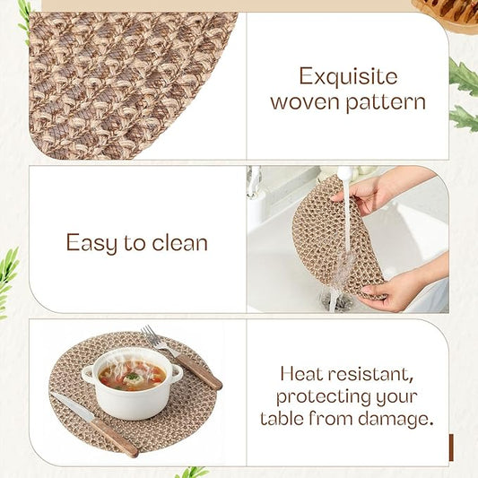 12 Pcs Jute Placemats Boho Braided Woven Table Mats for Dining Table Farmhouse Coasters for Thanksgiving Christmas Party Wedding Events(Natural,12 Inches)