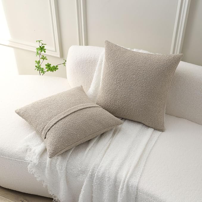 FUTEI Pack of 2 Oatmeal Decorative Throw Pillow Covers 20x20 Inch Soft Cozy Solid Boucle Textured Cushion Case,Modern Home Decor for Couch Bed Living Room