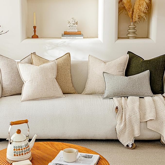 a moment Linen Pillow Covers Set of 2,Boho Farmhouse Throw Pillowcases Neutral Textured Decorative Covers for Couch Sofa Bed, Soft Linen Blend Accent Case Cushion Home Decor 18"x18"Light Grey