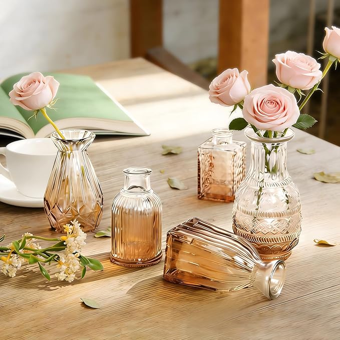 Vintage Gradient Amber Glass Bud Vase in Bulk 12, Rustic Small Flower Vases Set for Table, Mantel, Centerpieces, Wedding, Decorative Embossed Mini Vase Bottles for Home, Party, Baby Shower