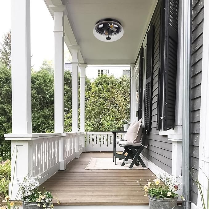 Motion Sensor Outdoor Ceiling Light, Black Modern Design Ceiling Light Fixture with Ripple Glass for Porch, Garage, Patio, Hallway, Entryway, Energy Efficient (2 Blub Needed)