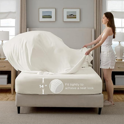 Bedsure Queen Comforter Set Ivory - Bed in a Bag Queen Size Bedding 7 Pieces, GentleSoft™ Pintuck Bed Set Gift for Family, Pinch Pleat All Season Comforter with Sheets, Pillowcases & Shams