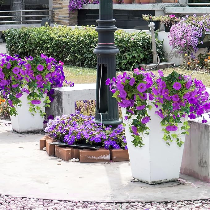 RECUTMS Artificial Fake Hanging Flowers Plants for Outdoor Spring Decor, 2 Pcs UV Resistant Faux Petunias Trailing Plants Realistic Flower Look Real for Door Wall Yard Porch Garden Planter (Fuchsia)