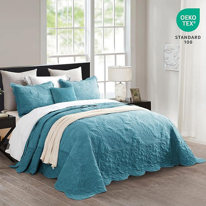HZ & HY Oversized King Bedspread 128x120 Extra Wide - Paisley Pattern Quilt Set - Gorgeous & Elegant Style Bedding Coverlets, Reversible, Lightweight, 5 Piece, Lagoon Blue