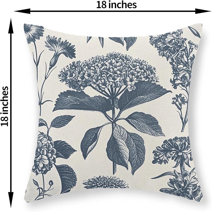 Blue Pillow Covers 18x18 Set of 2 Vintage Boho Floral Hydrangea Herbs Botanical Throw Pillow Cover Outdoor Flower Decoration Pillowcase Linen Farmhouse Cushion Case Decorative for Couch Sofa