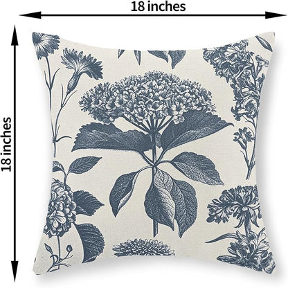 Blue Pillow Covers 18x18 Set of 2 Vintage Boho Floral Hydrangea Herbs Botanical Throw Pillow Cover Outdoor Flower Decoration Pillowcase Linen Farmhouse Cushion Case Decorative for Couch Sofa