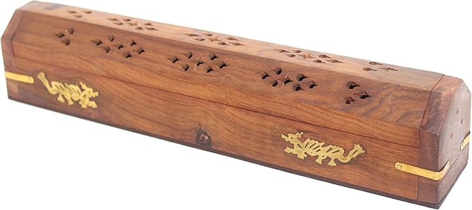 Govinda Wooden Coffin Incense Burner - 12" Dragon - Brass Inlays - Storage Compartment
