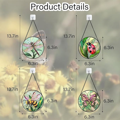 DASTOLL Stained Glass Window Hanging 4 Pcs Set Pink Green Insect Theme 6.3" - Butterfly Suncatcher Door Garden Sun Catcher Decor Birthday Christmas for Mom Woman Nana Men