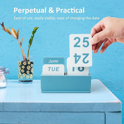Wooden Block Perpetual Calendar for Desk, Daily Desktop Standing Flip Calendar with Large Display, Modern Farmhouse Aesthetic Desk Accessories for Home Office Decor, Reusable Yearly, Blue