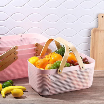 Sadnyy 4 Pcs Plastic Mesh Garden Harvest Basket Storage Basket with Wooden Handle Multi Functional Mesh Bin for Kitchen Cabinet Picnic Fruit Vegetable Gathering Organizer(Large,Pink)