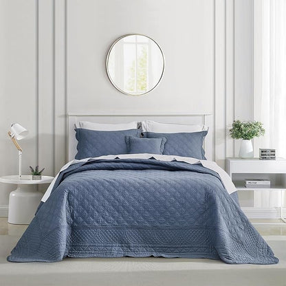 CHIXIN Oversized Cotton Bedspread King Size - Real Stitching Quilt - Luxury Quilted Bedding Cover for All Season, Reversible, Ultra Soft, Lightweight, 3 Piece, Smokey Blue