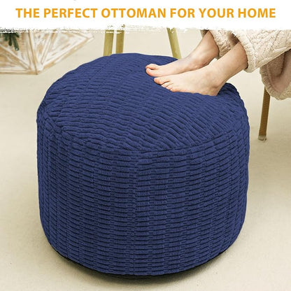 Round Stuffed Pouf Ottoman for Foot Rest, Storage Ottoman Pouf Foot Stool Cushion, Faux Fur Poufs with Foam Chunk Filling, 20 X 15 Inch Floor Chair for Living Room Bedroom Home Decor, Navy Blue