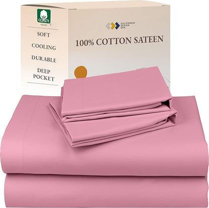 California Design Den Natural 100% Cotton Sheets King Size Set - Soft Sateen Weave, Fully Elasticized Deep Pocket King Sheet Set, Breathable and Durable Bedding - Doll Pink