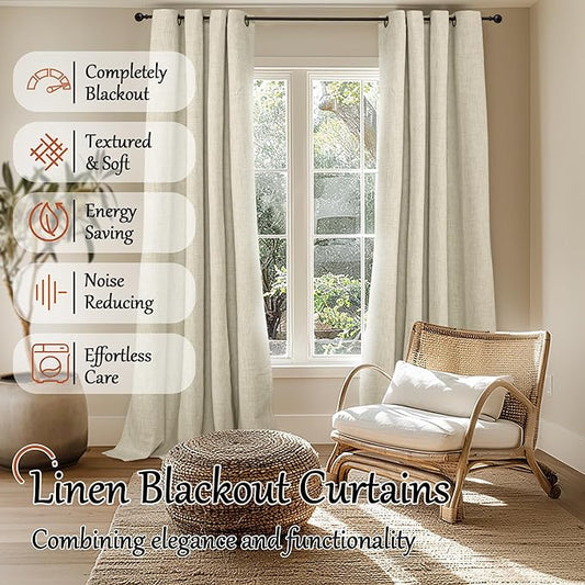 Lajode Cream Blackout Curtains for Living Room 90 Inch Length 2 Panels Set, Thermal Insulated Light Blocking Faux Linen Curtains for Bedroom, Bronze Grommet Boho Window Drape Each 52" Wide