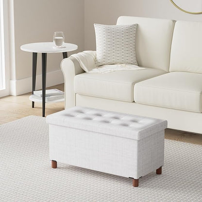 30 Inches Storage Ottoman Bench, Storage Bench with Wooden Legs for Living Room Folding Ottoman Foot Rest Removeable Lid for Bedroom End of Bed, Linen Fabric
