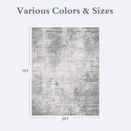 5x7 Area Rugs for Living Room Non Slip Machine Washable Rug Distressed Abstract Soft Indoor Carpet Neutral Boho Rug for Bedroom Dining Room Playroom Office, Grey
