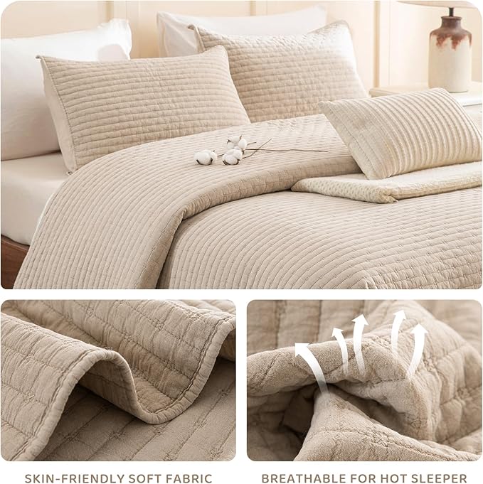 Sanracie 100% Cotton Oversized King Quilt (120"x120"), Warm Taupe Colored Cross Stitch Pattern Quilt Bedding Set 3Pcs Ultra Soft Cozy California King Bed Coverlet Set for All Season