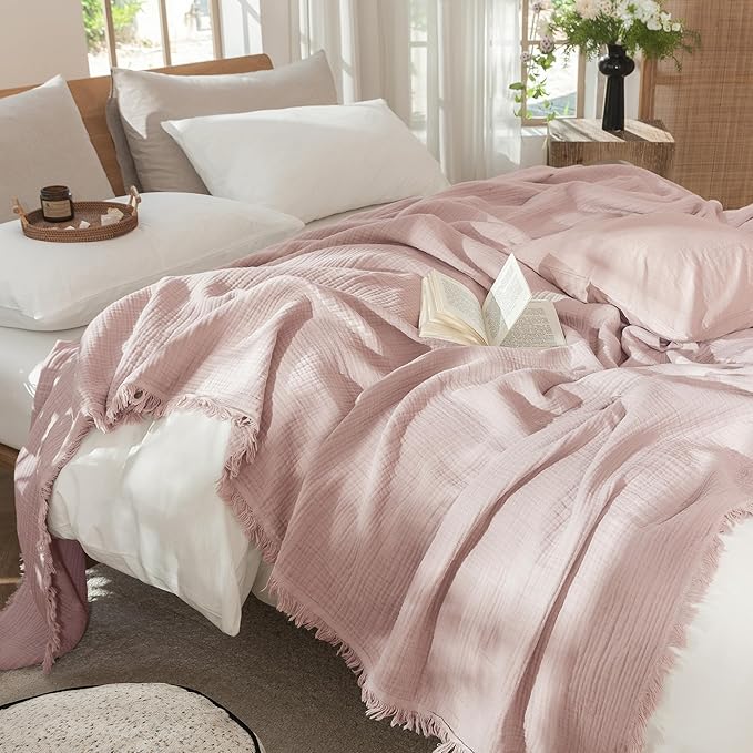 MooMee Muslin Blanket - 100% Cotton 4-Layer Gauze Throw Blanket with Tassels Ultra-Soft Breathable Lightweight Cooling for Bed Couch (Greyish Pink,Super King 108" x 98")