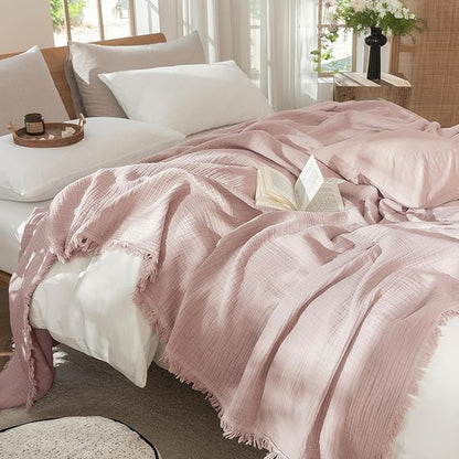 MooMee Muslin Blanket - 100% Cotton 4-Layer Gauze Throw Blanket with Tassels Ultra-Soft Breathable Lightweight Cooling for Bed Couch (Greyish Pink,Super King 108" x 98")