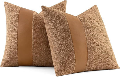 MIULEE Boucle Throw Pillow Covers 24x24 Inch Set of 2 Brown Faux Leather Textured Decorative Pillow Cases Boho Farmhouse Accents Cushion Covers for Couch Bed Livingroom Home Decor