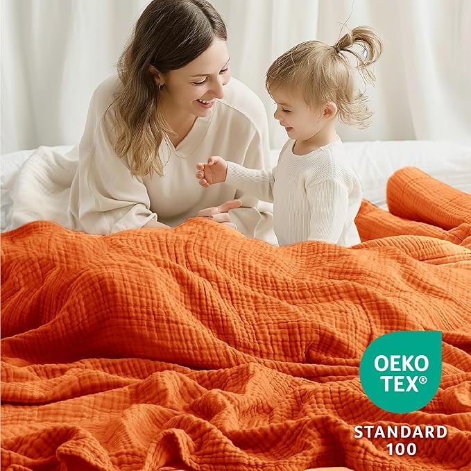 100% Cotton Muslin Blanket Large 50"x 70", 6 Layers Breathable and Lightweight Cotton Throw Blankets for Couch, Soft Cooling Summer Gauze Blanket for Adults All Season, Orange
