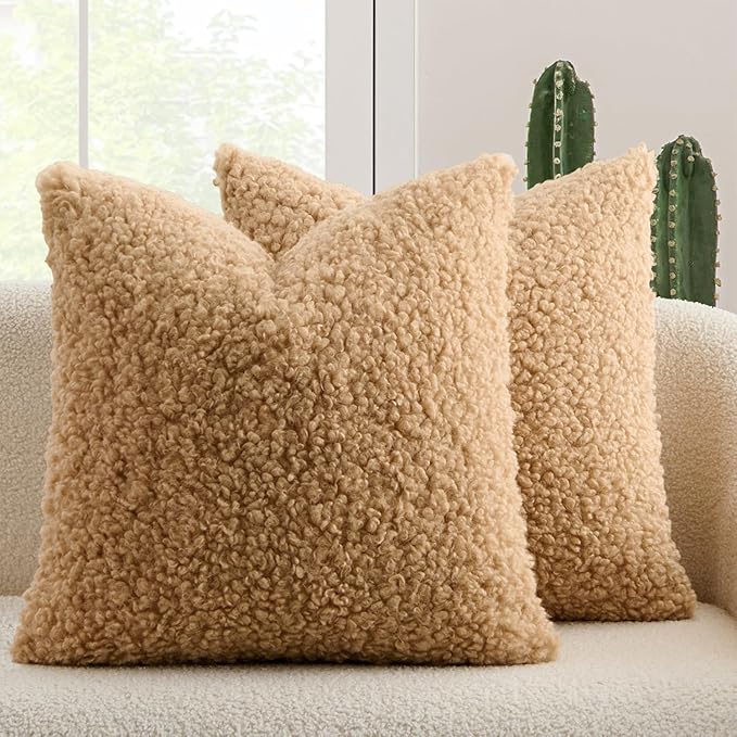 MIULEE Pack of 2 Throw Pillow Covers 20x20 Inch Neutral Camel Faux Fur Decorative Sherpa Pillow Covers Fuzzy Accent Soft Sheepskin Fleece Cushion Cases for Boho Home Decor Couch Living Room Bed