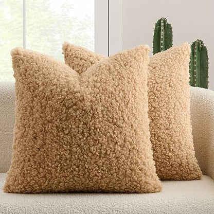 MIULEE Pack of 2 Throw Pillow Covers 20x20 Inch Neutral Camel Faux Fur Decorative Sherpa Pillow Covers Fuzzy Accent Soft Sheepskin Fleece Cushion Cases for Boho Home Decor Couch Living Room Bed