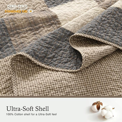 Farmhouse Bedspreads Queen Size 102"x120" - 100% Cotton Lightweight Oversized Queen Quilt with 2 Pillowshams, Printed Plaid Quilted Bedding Coverlet for All Season, Charcoal/Beige/Brown