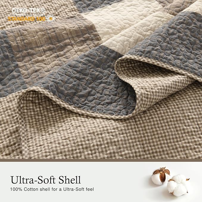Oversized King Bedspread 128"x120" - 100% Cotton Lightweight California King Quilt with 2 Pillowshams, Printed Plaid Extra Wide Quilted Bedding Coverlet for All Season, Charcoal/Beige/Brown