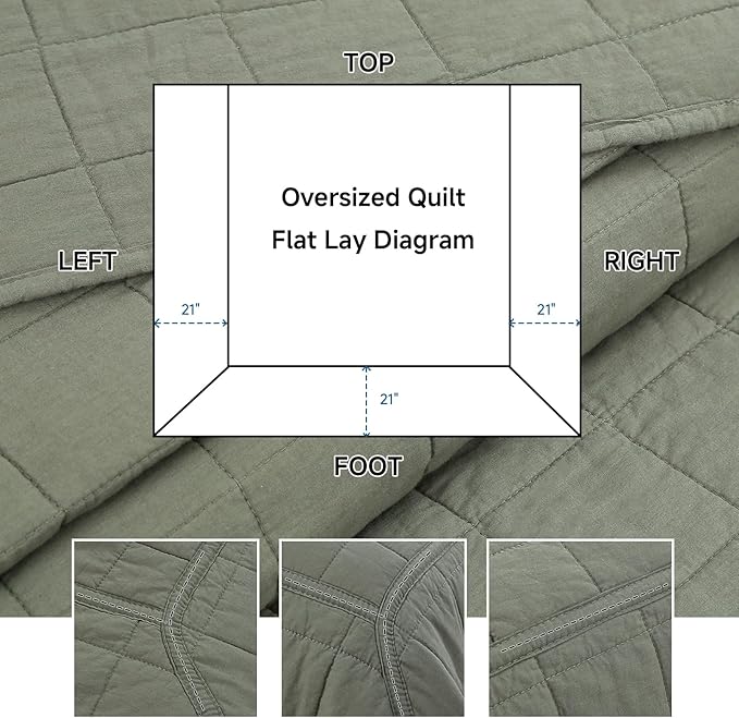 Quilt Oversized King Size Bedding Sets, 100% Cotton Lightweight Luxury Comforter Set, Oversized Extra Wide Stitching Bedspreads Coverlets with 2 Pillowcase Suitable for All Season, Green