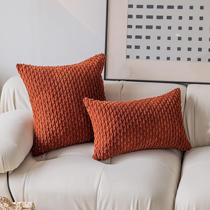 Kevin Textile Fall Corduroy Striped Soft Soild Decorative Square Throw Pillow Covers Set Autumn Cushion Cases Pillowcases for Sofa Bedroom 2 Pcs 16x16 Inch Burnt Brick