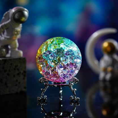 ZEERSHEE 60mm Colorful Ice Cracked Crystal Ball with Stand Decorative Glass Ball Paperweight for Home Wedding Office Christmas Decor
