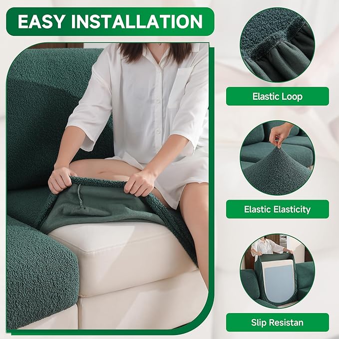 Couch Cushion Covers for Sectional Sofa, Stretch Soft Sofa Slipcovers Washable Wear-Resistant Universal Furniture Protector for Living Room(2 Seaters Covers+1 Chaise Cover, Green)