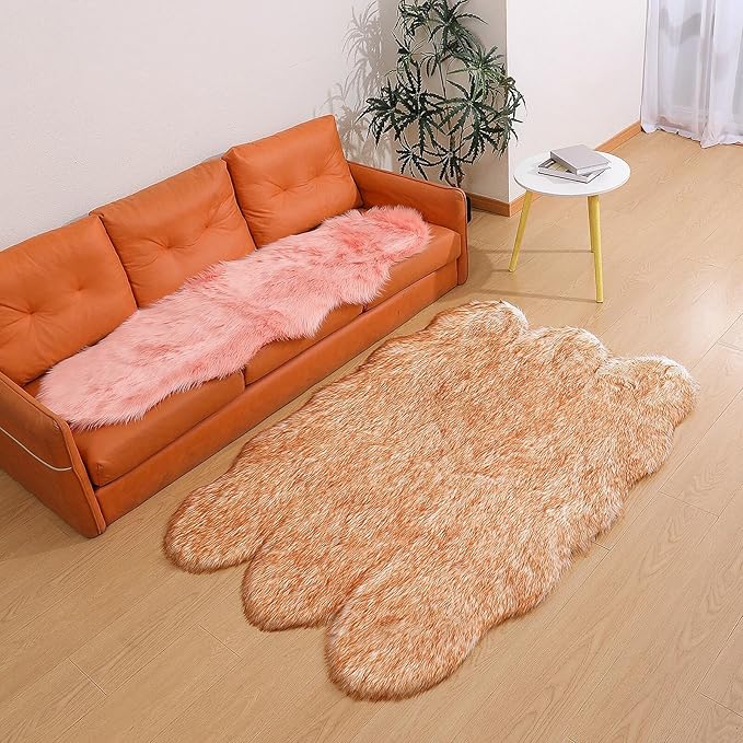 Faux Fur Rug Sheepskin Shag Fluffy Fuzzy 4x6 ft Rugs for Bedroom Bedside Bed Floor Living Room Plush High-Density Cushion Carpet Super Sofa Cover White and Yellow