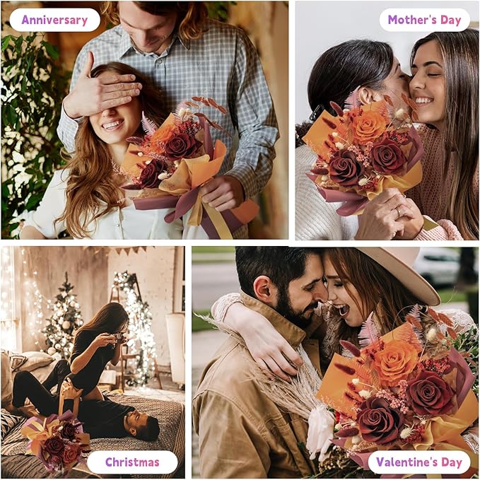 HUACHIPLUS Preserved Rose Bouquets: Fresh Flowers Bouquet- Romantic Gifts for Mom Wife Girlfriend Women-Flowers for Delivery Prime on Valentines Day Anniversary Mothers Day Birthday (Ancora Red)