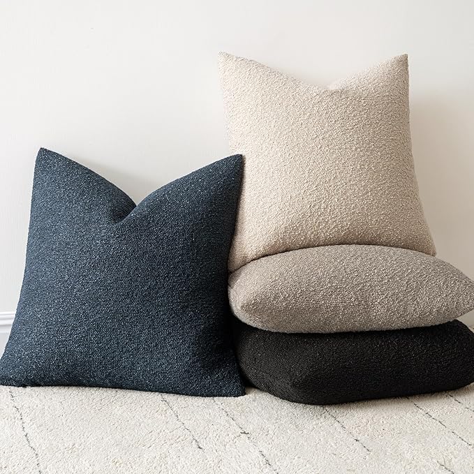 Woaboy Pack of 2 18x18 Inch Decorative Boucle Throw Pillow Covers Textured Square Pillowcaes Accent Solid Cozy Soft Cushion Covers Home Decor for Sofa Couch Living Room Home Decor,Navy Blue