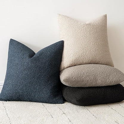 Woaboy Pack of 2 18x18 Inch Decorative Boucle Throw Pillow Covers Textured Square Pillowcaes Accent Solid Cozy Soft Cushion Covers Home Decor for Sofa Couch Living Room Home Decor,Navy Blue