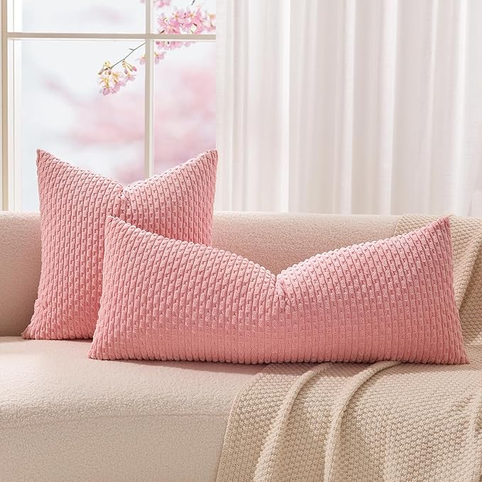 Kevin Textile 14x36 Inch Long Lumbar 1 Pack Boho Decorative Throw Pillow Cover Soft Striped Corduroy Rectangle Cushion Case Farmhouse Accent for Living Room Couch Sofa Bed, Dark Pink