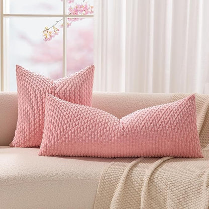 Kevin Textile 14x36 Inch Long Lumbar 1 Pack Boho Decorative Throw Pillow Cover Soft Striped Corduroy Rectangle Cushion Case Farmhouse Accent for Living Room Couch Sofa Bed, Dark Pink