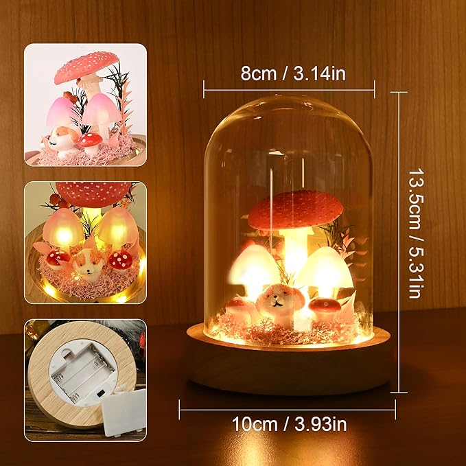 QUELIEN Christmas Mushroom Lamp in Glass Dome,Mushroom Gifts for Women - Warm White LED Night Light for Bedroom Decor,Unique Gifts for Women, Housewarming Birthday Decorations（Red）