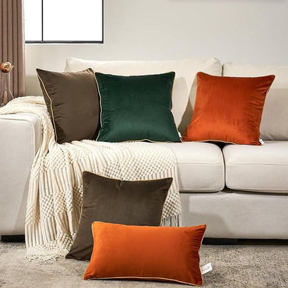 Aeckself Pack of 2 Dark Brown Velvet Pillow Covers 18 x 18 Inch, Modern Luxury Decorative Pillowcase with Gold Trim Edge, Comfortable Soft Solid Cushion Case for Couch Bedroom Living Room