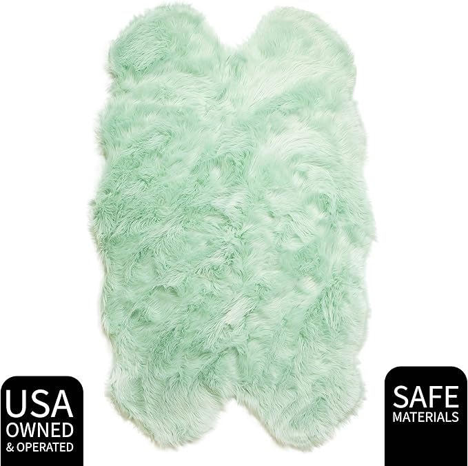4 x 6 ft Fluffy Mint Green Faux Sheepskin Rug – Large Faux Fur Carpet for Bedroom or Living Room – Plush and Inviting Sheepskin Decor