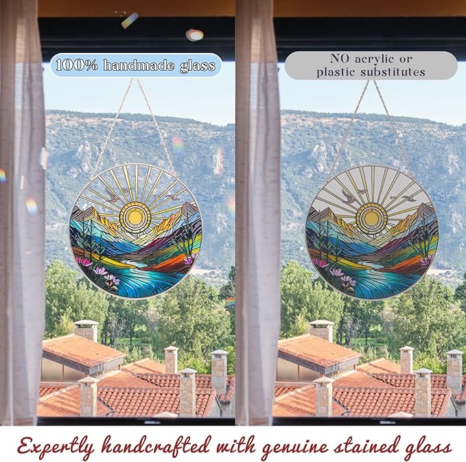 Sun Mountains Stained Glass Window Hanging Suncatcher – 9.9” Sun Catcher Glass Panel with Chain, Hand-Painted Round Glass Art, Gift for Women Mother's Day Christmas