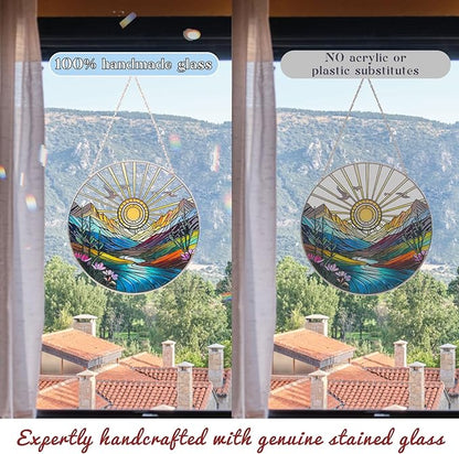Sun Mountains Stained Glass Window Hanging, Sunrise & Sunset Design, Round Stained Glass Sun Catcher Window Hanging Decor, Handcrafted Art Panel for Indoor/Outdoor Light Catchers, Home Gifts (6inch)